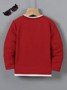 SHEIN 男童撞色T恤，舒适休闲时尚，百搭街头风、运动风、户外风、返校季皆宜 - 酒紅色 - 查看 2