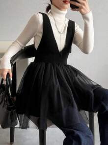 FRIFUL 女士深V领网纱拼接荷叶边下摆无袖针织上衣，秋冬款 - 黑色 - 查看 2