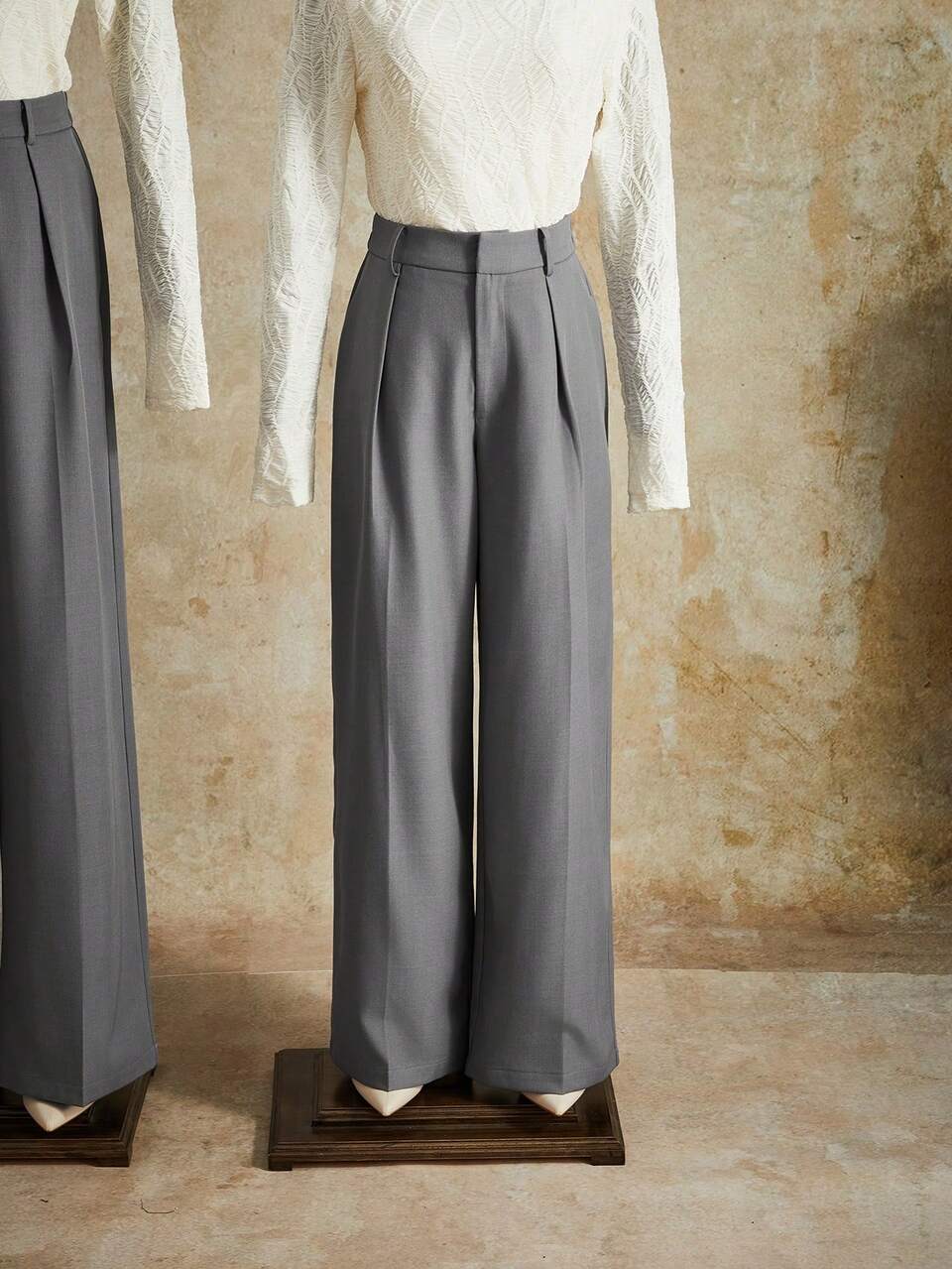 Elegant & Fashionable Pleated Design Light Grey Women Petite Straight Leg Pants With Pockets