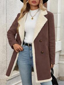 SHEIN Clasi Women's Fluffy Patchwork Front Button Simple Casual Regular Jacket In Fall/Winter - Mocha Brown - View 5