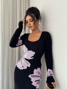 Elenzga Square Neck Jacquard Knit Bodycon Waist Sweater Dress - Baby Pink - View 6