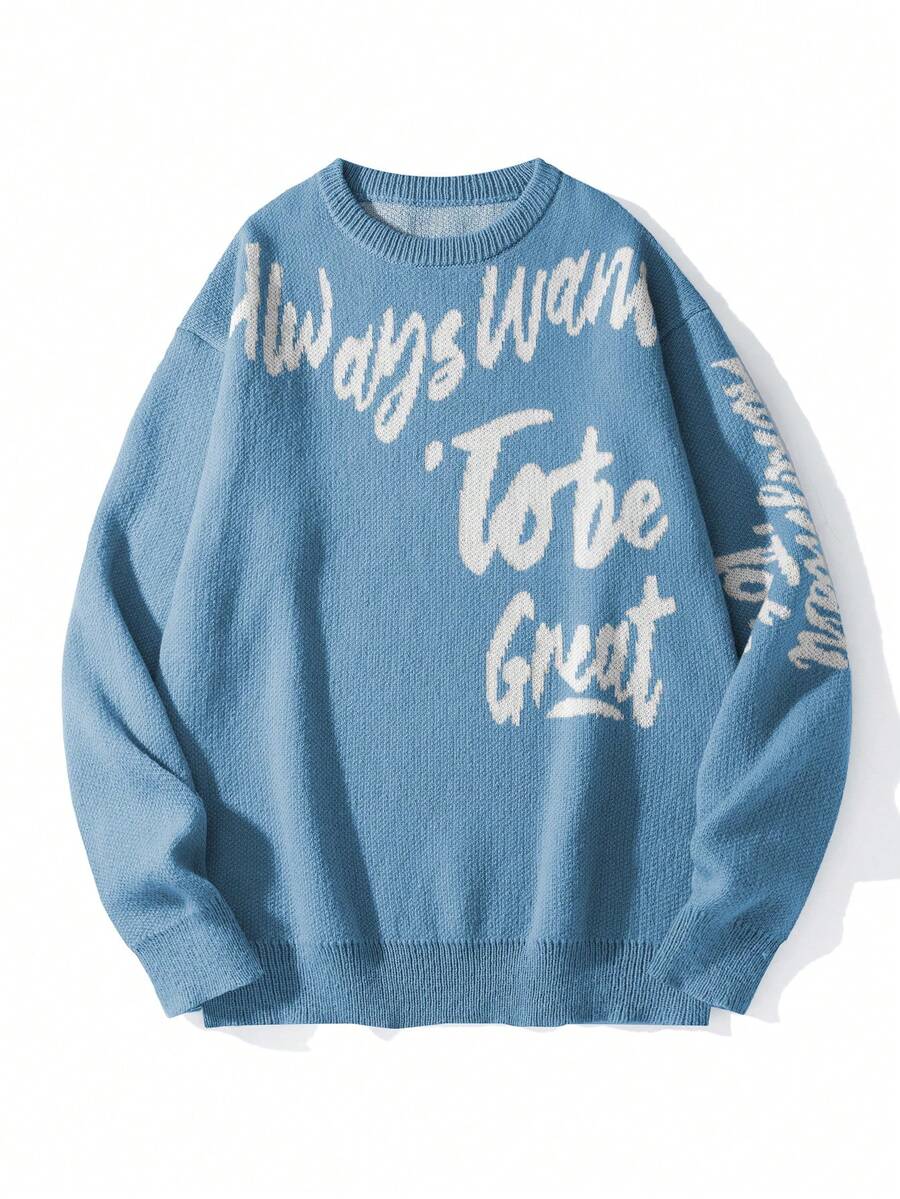 Chillumni 男士字母图案休闲百搭圆领长袖套头卫衣 - 藍色 - 查看 1