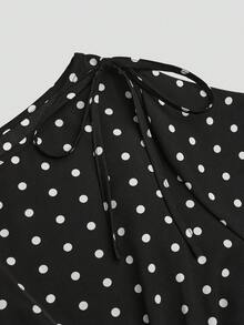 Lyrianda Fall Autumn And Winter Plus Size Black & White Polka Dot Long Sleeve Fitted Waist Shirt With Bow Shoulder Decor, Casual Everyday Wear - Black and White - View 4