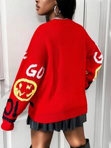 SHEIN BamGlam 秋冬新款宽松休闲字母图案开衫 - 紅色 - 查看 2