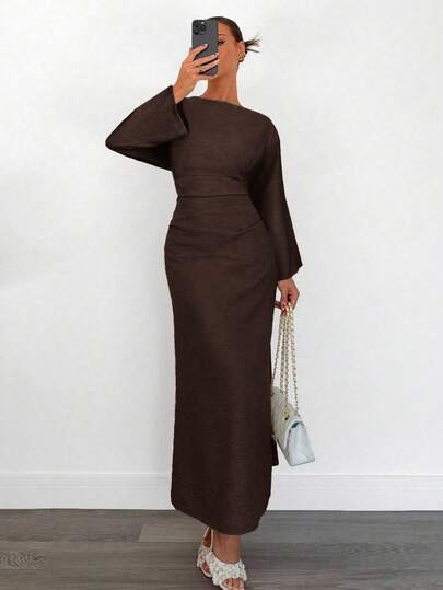 Siren Gaze Women's Elegant Solid Color Waist Cinched Flare Sleeve Dress, Autumn Winter Brown Evening Dress Spring