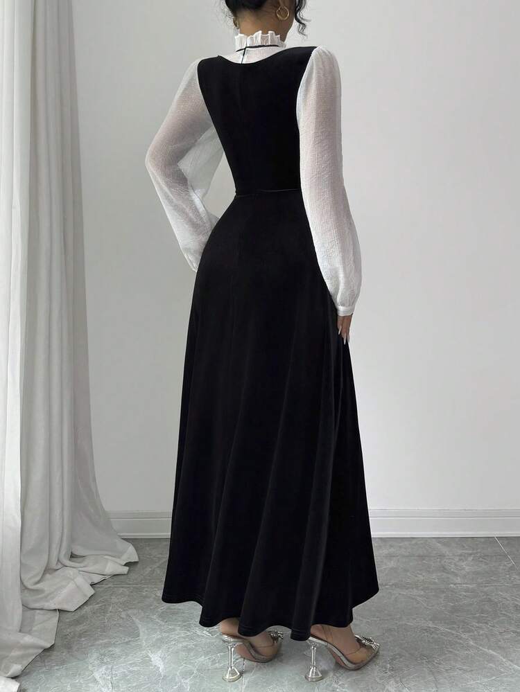 Rafferiza Vestido Longo Elegante de Veludo Feminino com Sofisticada Vibração de Alta Qualidade, Outono/Inverno - Preto - Visão 2