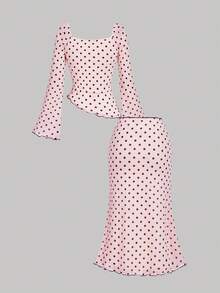 SHEIN MOD 女士粉色波点不对称下摆蝴蝶结上衣和鱼尾裙优雅套装 - 粉色 - 查看 2