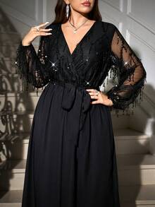 Gownix 大码优雅派对亮片流苏拼接连衣裙 - 黑色 - 查看 3