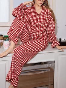 SweetSlumber Valentine's Day Peter Pan Collar Flare Sleeve Heart Button Gingham Print Oversized Women Pajama Set, Winter Clothes - Red and White - View 6