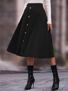 SHEIN LUNE Chân váy chữ A đa năng, thiết kế tối giản, cài nút phía trước, viền bèo nhún, màu trơn - màu đen - Xem 6