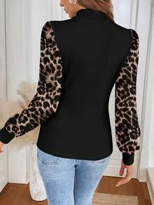 Easowa 高领针织泡泡袖撞色复古豹纹印花休闲通勤优雅女式衬衫，适合秋冬季穿着 - 彩色 - 查看 2