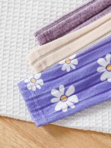 SHEIN Playful Pals 6件套可爱女童春秋季罗纹面料蝴蝶结印花/蝴蝶结满印/纯色玫红色长袖弧形下摆T恤和修身长裤休闲时尚套装 - 紫色 - 查看 5