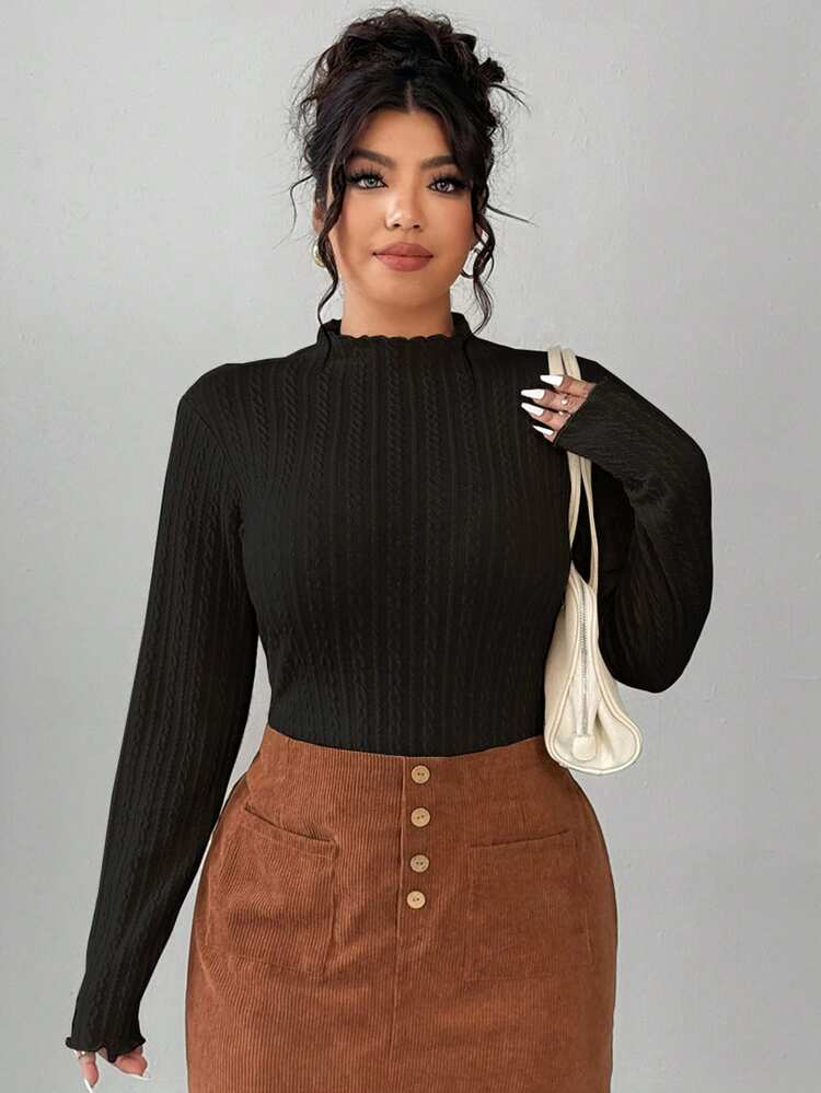 Dazy Plus Plus Size Women Elastic Tight Fitting Turtleneck Long Sleeve Cropped T-Shirt