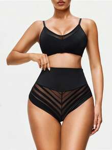 SHAPORA Women's High Waist Black Panty With Mesh Striped Splice, Fashionable Slimming, Suitable For Daily Commute And Fitness - Black - View 6