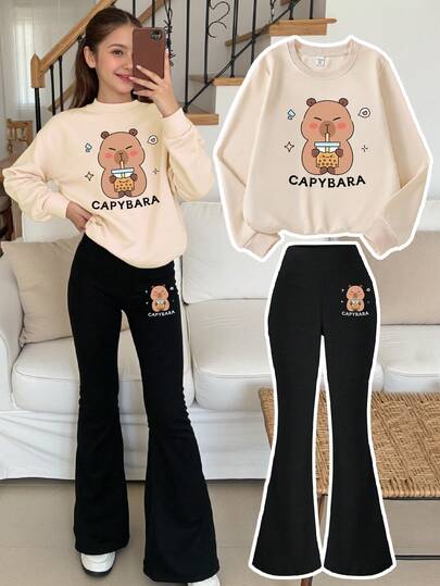 SHEIN 2pcs/Set Tween Girls Capybara & Bubble Tea Print Crew Neck Long Sleeve Sweatshirt And Flared Pants, Comfortable Knit Long Sleeve Sporty Top, Cute Cartoon Design Suitable For Autumn/Winter Casual Wear Cute Matching Sets Flare Pants Sets Teenagers Bell Bottom Outfits Girls Sweatshirt Straight Pants Suit Tween Girl Cat Girls Clothes