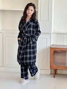 DAZY 2pcs/Set Tween Girls Plaid Minimalist Mid-Length Robe & Straight Loose Pajama Pants, Comfortable Home Wear For Fall - Navy Blue - View 1