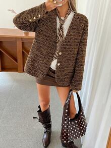 DAZY 女士休闲V领碎花粗花呢常规款外套，秋季女式大衣 - 棕色 - 查看 8
