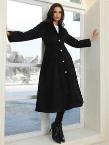 GENKIRA French Elegant High-End Apple Collar Cinched Waist Comfortable A-Line Long Overcoat For Women - Black - View 1
