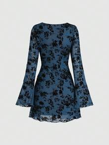 Sweetra 女士优雅复古网纱植绒长袖修身迷你连衣裙 - 寶藍色 - 查看 2