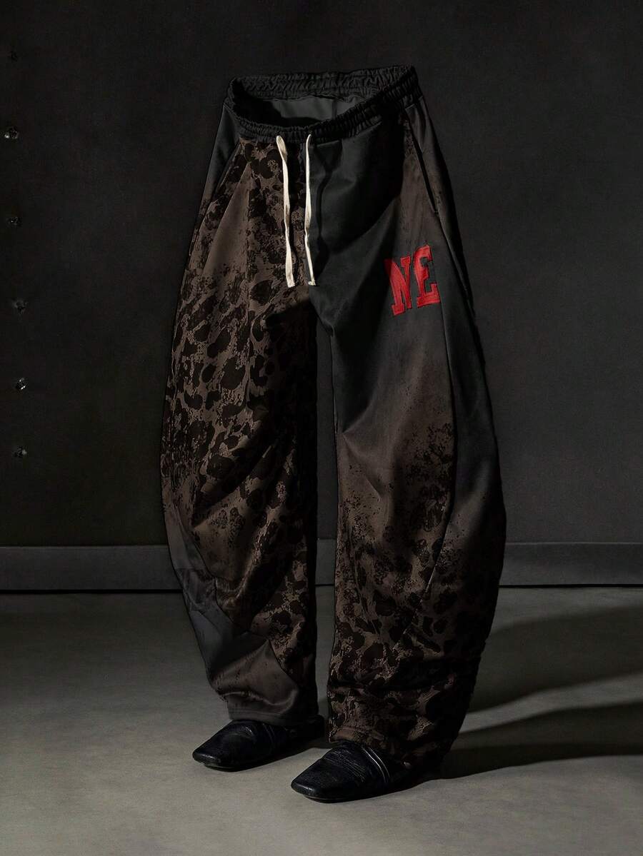 NEON BLANC 男士休闲时尚街头豹纹字母印花抽绳腰宽松阔腿裤 - 黑色 - 查看 1
