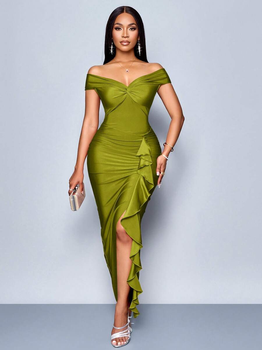 SOLERSUN 夏秋季女士服装派对酒红色露肩短袖前胸中心结侧褶前开衩荷叶边长裙 - 綠色 - 查看 1