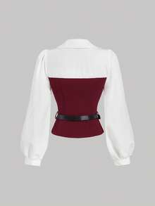 SHEIN MOD Women's Burgundy And White Elegant Shirt With Belt, Women Shirt, New Year Women ,Elegant Women, Business Casual Women, Going Out Top, Christmas - Burgundy - View 2
