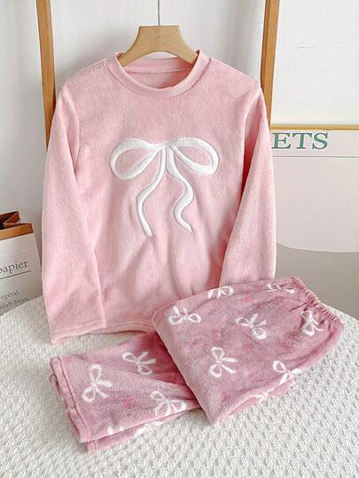 Genkimix Kids 2件套少女刺绣蝴蝶结爱心装饰法兰绒圆领长袖上衣和裤子睡衣套装