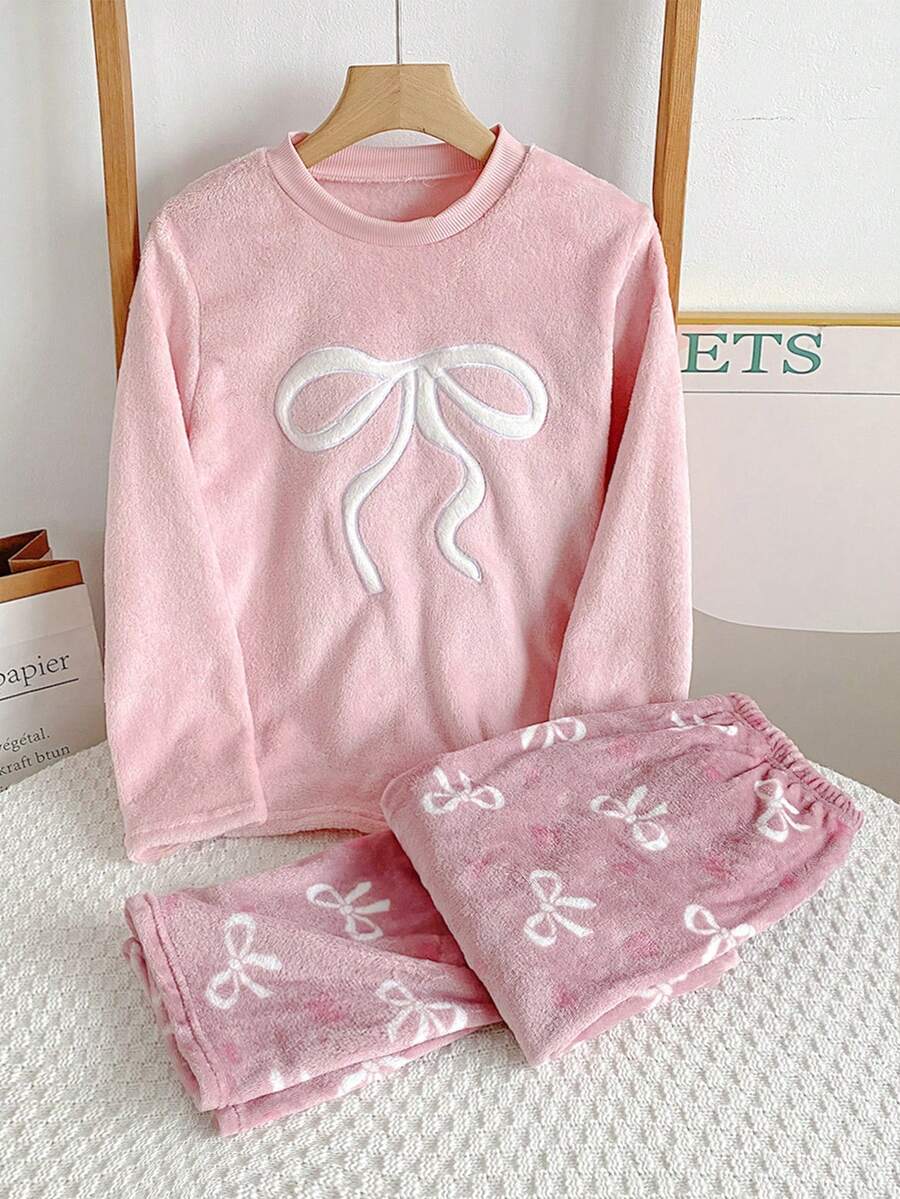 Genkimix Kids 2件套少女刺绣蝴蝶结爱心装饰法兰绒圆领长袖上衣和裤子睡衣套装