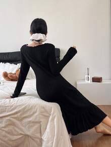 SHEIN 女士蝴蝶结刺绣拼接荷叶边下摆舒适针织睡裙，适合秋冬季穿着 - 彩色 - 查看 2