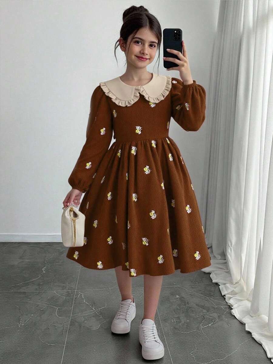 Tween-Mädchen Lockeres, lässiges, minimalistisches, bequemes Colorblock-Kleid mit Peter-Pan-Kragen und langen Ärmeln - Khaki - Übersicht 1