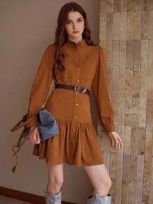 MOTF PREMIUM SUEDETTE BUTTON FRONT RUFFLE HEM BELTED DRESS - Brown - View 7