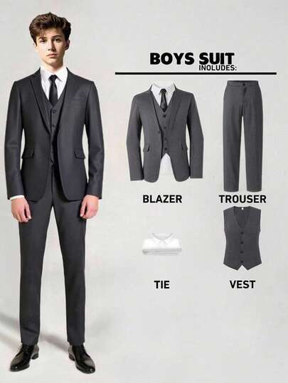 SHEIN 4pcs Teen Boy Gentleman Outfit Set: Gray/Black Suit Jacket + Vest + White Shirt + Pants, Elegant Formal Suit For Birthday Party, Gala, Wedding, Christening, Casual Occasions
