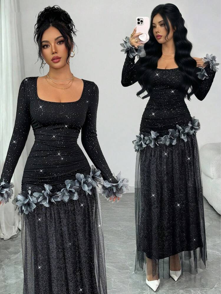 Elenzga New Arrival Romantic Vacation Design Floral Lace Trim Deep V-Neck Glitter Mesh Patchwork Dress For Women - Black - View 1