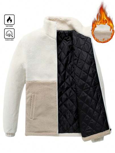 Manfinity Homme Men's Casual Warm Zip-Up Contrast Color Stand Collar Padded Coat, Autumn/Winter Cropped Zip Up Men Men S Street Wear Zip Up Fleece Jacket Jacket Zip Up Daily Leisure, Weekend Trips, Outdoor Activities, Travel Expeditions, Relaxed Work Environments Or Semi-Formal Occasions,Boyfriend/Husband Gift, Anniversary Gift Outerwear Men Jackets For Men Zip Up Men Sweater Jacket  Men Winter Clothes Mens Jackets Casual