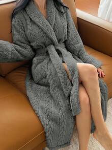 DAZY Women's Minimalist Textured Fleece Long Fluffy Robe, Winter Loungewear