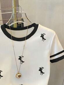 SHEIN Kaos Wanita Kasual Motif Blok Warna, Leher Bulat, Lengan Pendek - MultiWarna - View 5