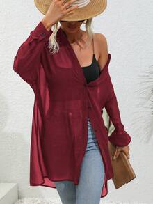 SHEIN LUNE Camisa casual de manga larga con botones delanteros transparentes de unicolor - Burdeos - Ver 4