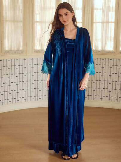 MOTF PREMIUM VELVET EMBROIDERED FLORAL LACE PATCHWORK BELTED ELEGANT ROBE