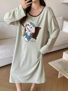 DAZY Autumn/Winter Brushed Cartoon Dog Pattern Loose Fit Long T-Shirt Style Women Sleep Dress, Moo Moo Night Dress - Green - View 3