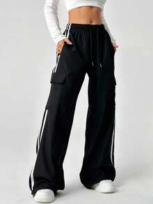 SHEIN EZwear 大码女式街头风格侧条纹抽绳工装裤 - 黑色 - 查看 1