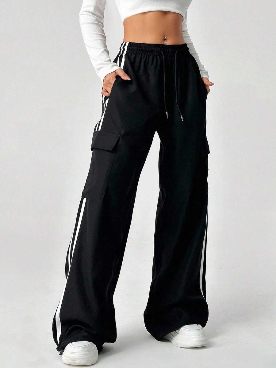 SHEIN EZwear 大码女式街头风格侧条纹抽绳工装裤 - 黑色 - 查看 1