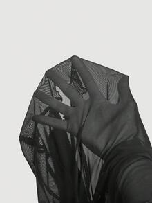 SHEIN MOD 大码女式黑色透视网纱撞色拼接喇叭袖衬衫，黑色上衣，加大码服装，套装，秋季女装，喇叭袖上衣 - 黑色 - 查看 4