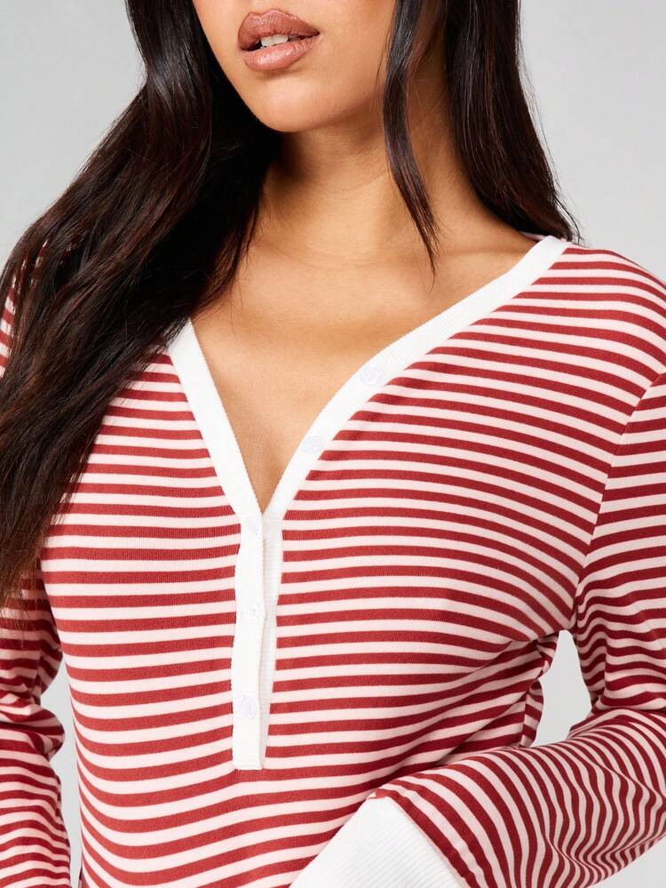 MISSGUIDED Striped Lounge Set Long Sleeve Henley Pajama Drawstring Pants Ribbed Cuffs Cozy Sleepwear