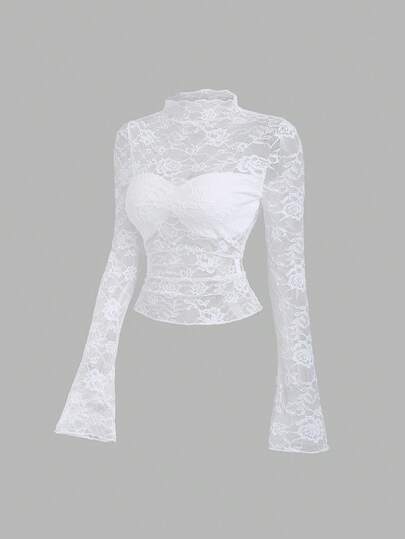 Sweetra Women's Vintage Sexy Lace Sheer Flare Sleeve Fitted Blouse, Comfortable For Party, Casual Wear In Spring & Autumn