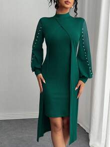 SHEIN Clasi 女士优雅圆领网纱拼接泡泡装饰长袖连衣裙长裙套装 - 墨綠色 - 查看 5