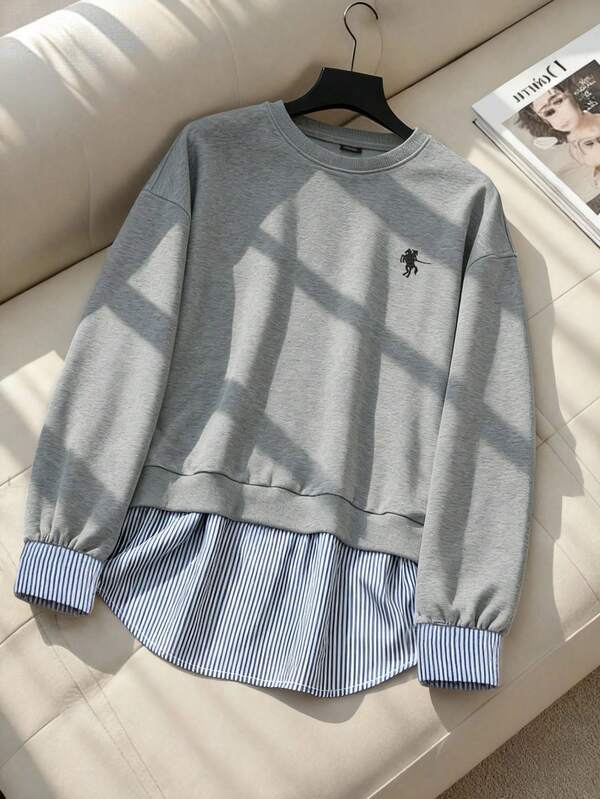 Franclia 加大码秋冬加厚连帽衫，圆领长袖条纹拼接刺绣休闲女式卫衣，长袖上衣，灰色条纹滚边卫衣，叠层上衣，灰色条纹下摆，条纹下摆，条纹上衣，灰色圆领卫衣，女式条纹滚边卫衣，灰色条纹下摆卫衣，条纹下摆卫衣，灰色圆领卫衣，叠层造型二合一卫衣