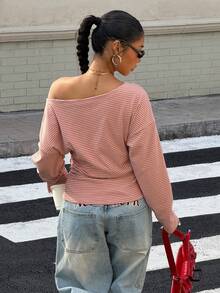 SHEIN EZwear Women's Striped Off Shoulder Slim Fit T-Shirt Valentine's Day - Orange - View 2