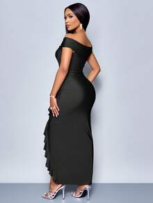 SOLERSUN Mùa hè Thu Quần áo dự tiệc cho nữ Burgundy trễ vai tay ngắn giữa ngực trước thắt nút hai bên xẻ tà phía trước xếp nếp viền váy dài - màu đen - Xem 2