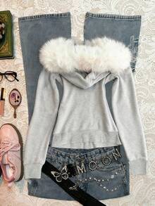 Glimmora Women's Fur Collar Hooded Slim Fit Sweatshirt Jacket - Grey - View 2