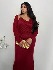 SHEIN Privé Plus Size Solid Color Draped Metal Ring Decor Elegant Long Sleeve Dress Red, New Year Dress For Women - Burgundy - View 3